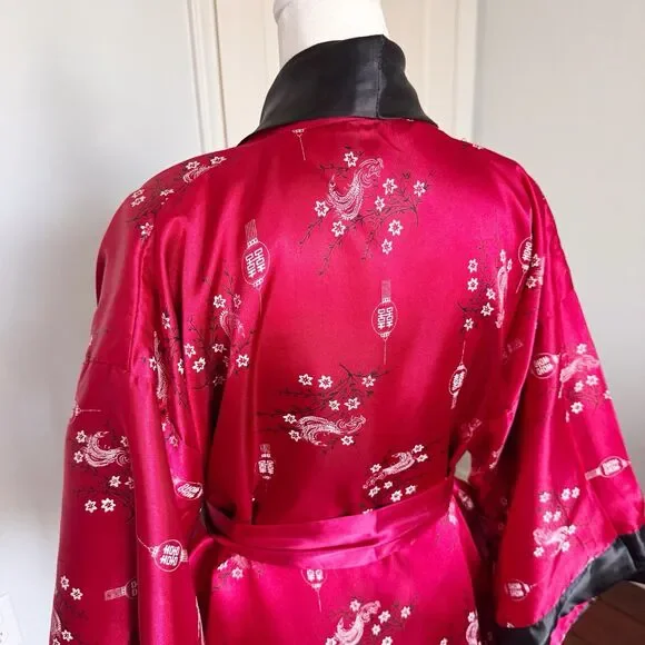 VTG Embroidered Dragon Reversible Satin Kimono Robe Asian Print Smoking Jacket S - Picture 9 of 16